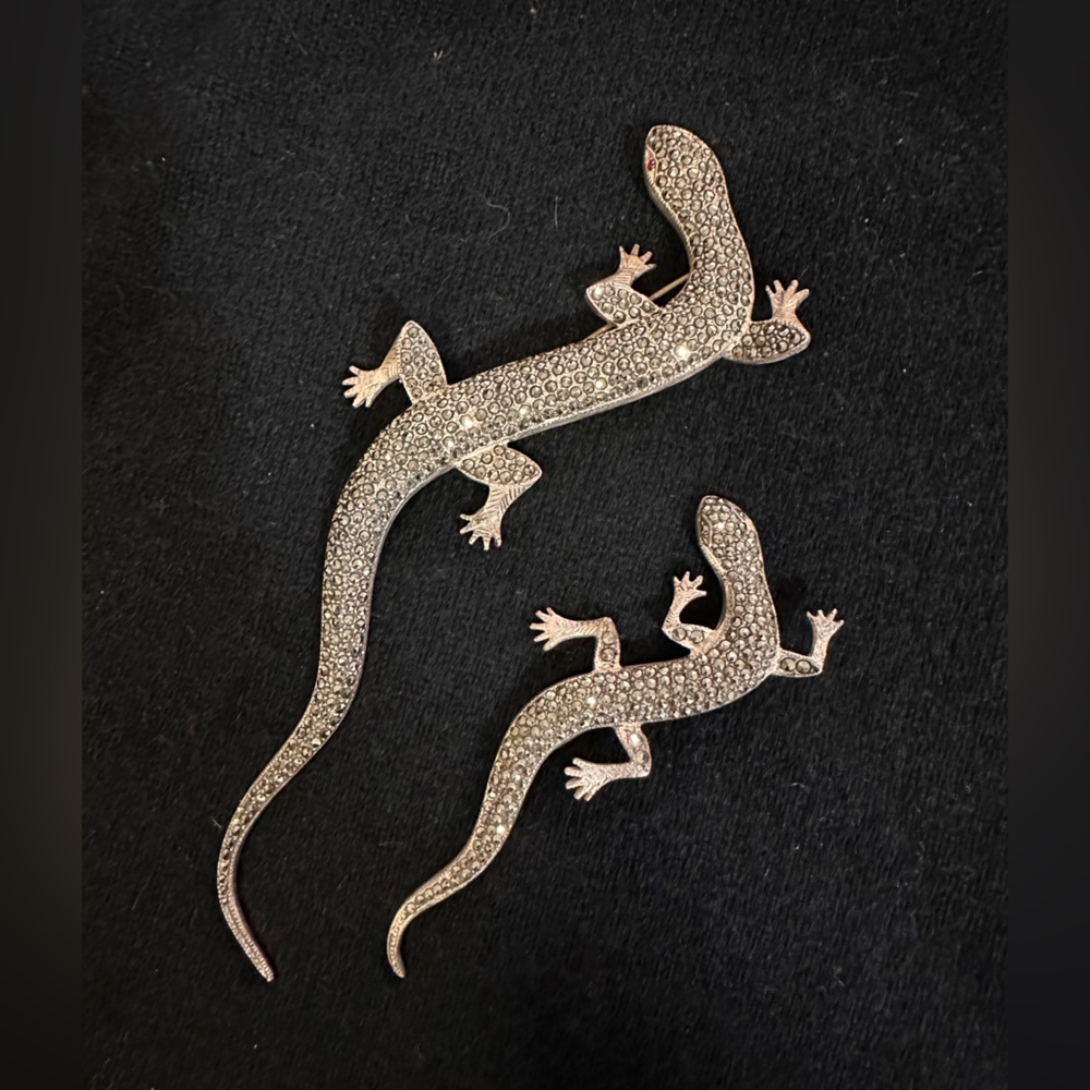 Silver Marcasite Salamander Pins | Set of 2
